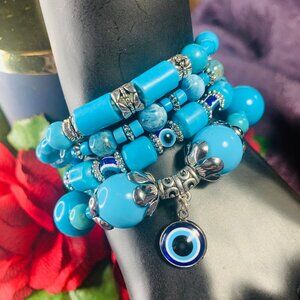 Evil Eye Charm, Apatite, Heishi Turquoise, Magnesite & Pewter Bead Bracelet Set